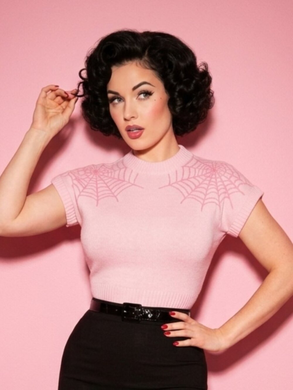 Missfortune Short-Sleeved Knit Sweater Spiderweb Design - Pink - XS